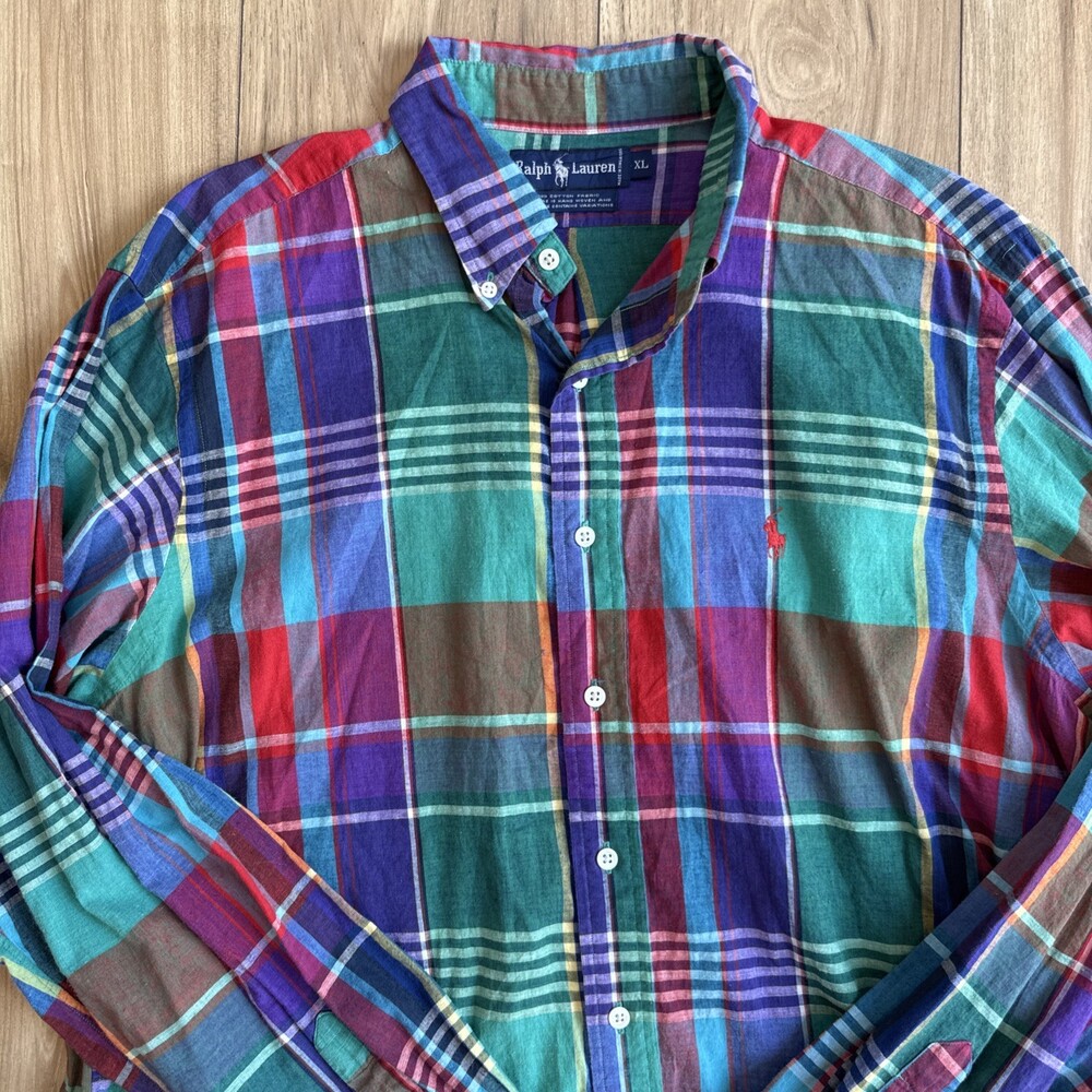 Vintage Polo Ralph Lauren Shirt Men’s XL Hand Woven Madras Multi Color Plaid - Picture 2 of 8